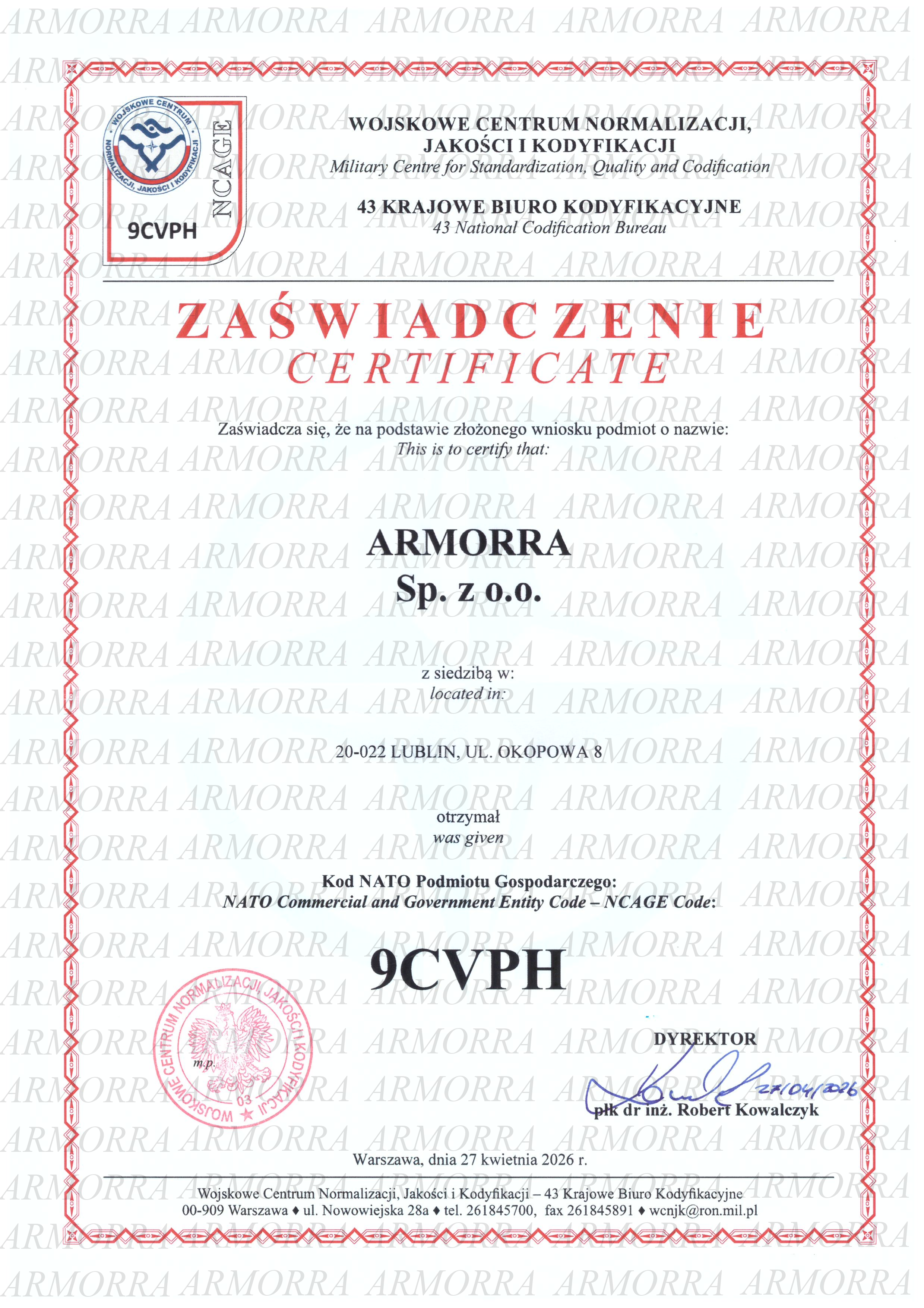 Zaświadczenie NCAGE 9CVPH