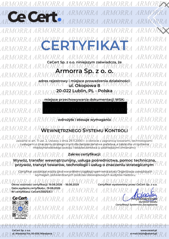 Podgląd certyfikatu WSK CeCert/355/S/E.1